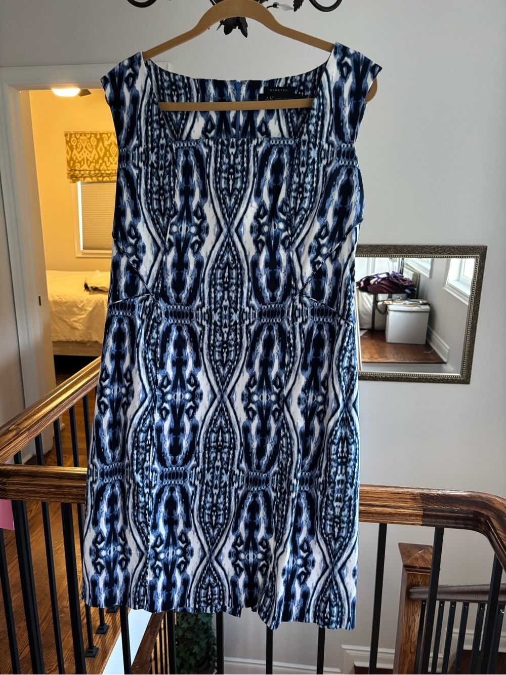 Anne Klein Navy and White Ikat Midi Sheath Dress